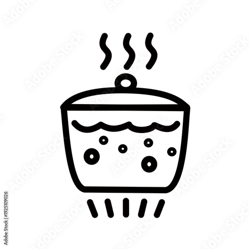 Boiling water in pan icon. Saucepan with lid and boiling water on gas burner symbol. Vector graphic, not Artificial Intelligence, logo illustration. Replaceable vector design.