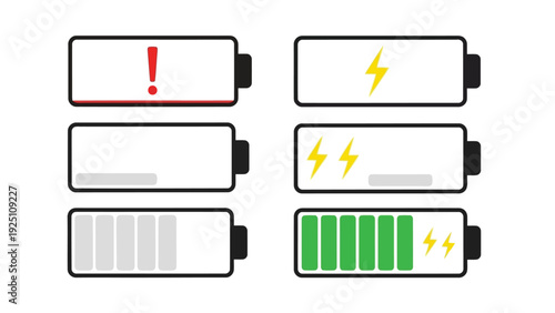 Visual representation of battery status indicators with different symbols and levels