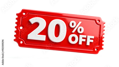 20 Percent Off Red Discount Ticket 3D Render Isolated on transparent png Background