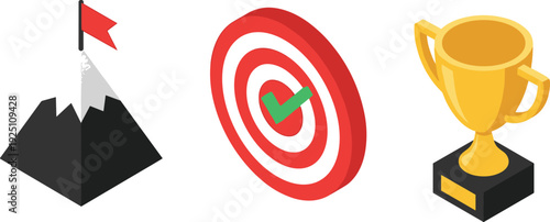 Goal achievement concept illustration, mountain flag target board with check mark and golden trophy success symbol