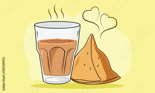 Indian masala chai and samosa vector illustration, illustration of Indian milk tea with snack tea lovers, Elegant Hot Tea with Samosa vector illustration. Indian food