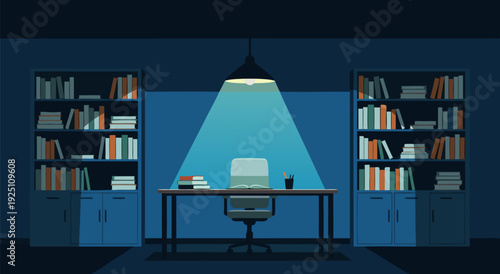 Calm vector illustration of minimalist desk between bookshelves in home office