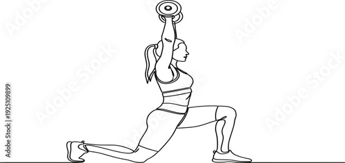 Female Athlete Performing Overhead Dumbbell Lunge Exercise Line Art Illustration for Strength Training Fitness Workout Gym Bodybuilding and Healthy Lifestyle Vector Design