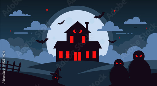 Spooky Halloween vector illustration featuring haunted house, ghosts, bats under full moon night