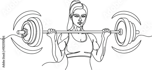 Female Athlete Performing Barbell Bicep Curl Exercise Line Art Illustration for Strength Training Fitness Workout Gym Bodybuilding and Healthy Lifestyle Vector Design