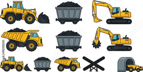 Mining and construction heavy equipment set, excavator loader dump truck coal carts and machinery illustration collection