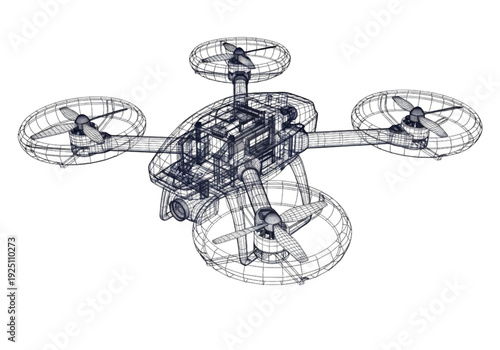 Futuristic Quadcopter UAV Wireframe – 3D Drone Technical Blueprint Design