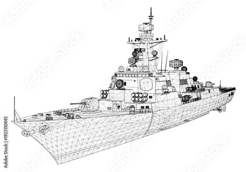 3D Wireframe Military Warship Model – Naval Destroyer Technical Blueprint Illustration