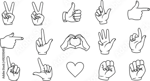 A comprehensive collection of diverse human hand gestures including peace signs thumbs up and a loving heart symbol