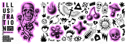 Punk rock tattoo collage. Emo punk grafitti with grunge skull eye fire star. 3d halftone, y2k doodle sticker art. Cutout collage music element. Neon dj scrapbook vector. Emo aura grafitti tattoo bg