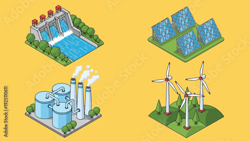Illustrations of renewable energy sources and sustainable urban infrastructure