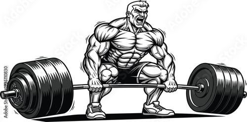 Muscular Bodybuilder Deadlifting Heavy Barbell Illustration Showing Extreme Strength Power Weightlifting Bodybuilding Fitness Training and Gym Sport Vector Design
