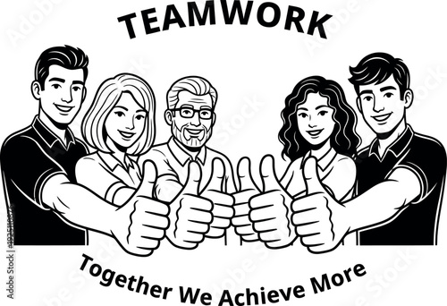 A diverse group of happy professionals demonstrating strong teamwork and successful collaboration with cheerful thumbsup gestures