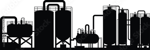 Oil refinery plant silhouette with storage tanks and pipelines, industrial petrochemical factory energy production illustration