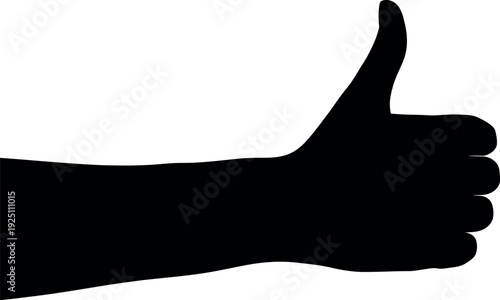 Black silhouette of a human hand making a universal thumbsup gesture indicating approval success or liking an idea