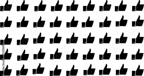 Black thumbsup icons create a seamless repeating pattern on a clean white background representing approval and positive feedback