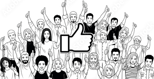 Cheerful diverse crowd of men and women showing thumbs up gesture for success and positive feedback with a large social media like icon