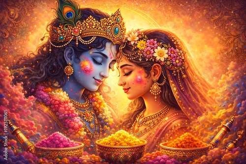 Divine Radha Krishna Inspired Holi Festival Illustration with Vibrant Color Powder, Golden Ornaments and Spiritual Indian Cultural Celebration Theme