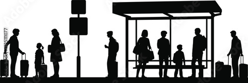 Passengers waiting at bus stop silhouette with luggage and family, urban public transport commuter travel illustration concept