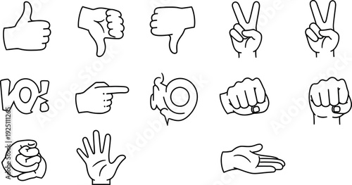 Collection of diverse hand gestures outline icons expressing communication agreement disagreement victory and attention signals as simple graphic symbols