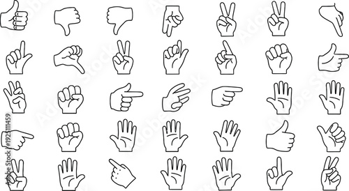 Diverse collection of minimalist hand gestures line art icons depicting human communication signs and interaction symbols