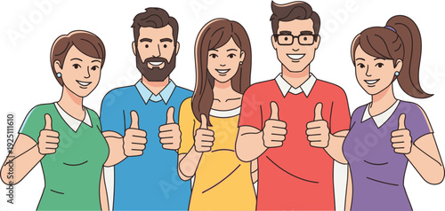 Diverse group of smiling young adult men and women giving enthusiastic thumbsup approval gestures