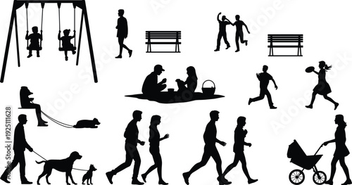 People in park silhouette set, family activities walking jogging playing picnic and dog walking black vector collection