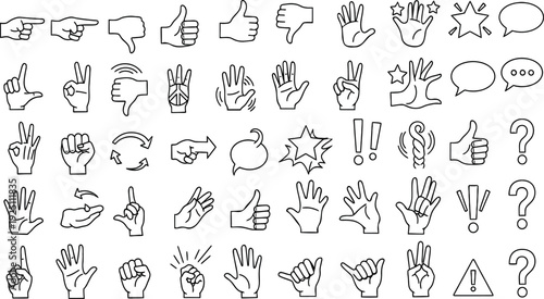 Large collection of modern hand gestures and communication symbols icon set in a clean line art vector style for user interface design