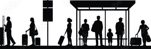 People waiting at bus stop silhouette with luggage, public transport travel commuter urban transportation concept illustration