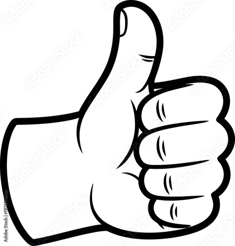 Modern graphic illustration of a black and white cartoon hand showing a positive thumbsup gesture for approval or agreement