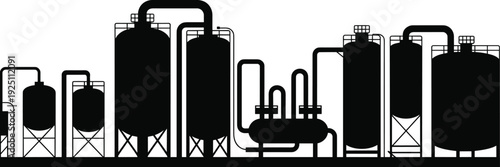 Petrochemical refinery plant silhouette with storage tanks and pipeline system, industrial oil gas energy production illustration