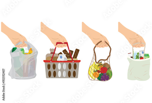 Collection of hands carrying different shopping bags.