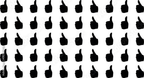 Seamless pattern of numerous black thumbs up icons creating a positive and approving digital feedback motif on a white background