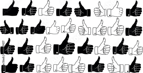 Seamless repeating pattern of black and white thumbsup hand gesture icons symbolizing positive feedback approval and success