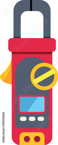 Clamp meter tool testing electric current, voltage, and resistance on white background