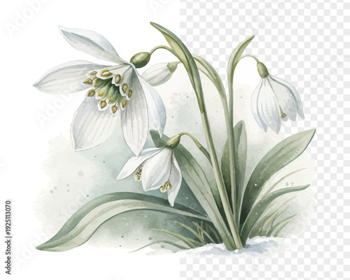 Watercolor Leucojum Blossom, Soft White Floral Vector Isolated on White