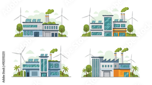 Illustrations of modern buildings with green energy features and efficiency improvements