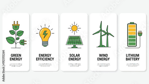 Illustrations representing sustainable and renewable energy sources and environmental conservation
