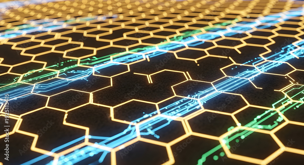 Fototapeta premium Abstract digital nanotechnology grid with glowing blue and green data streams flowing through hexagonal molecular structures representing advanced scientific research and innovation