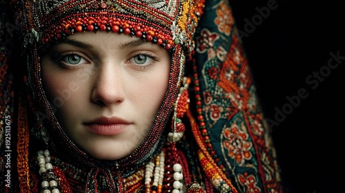 A stunning portrait of a woman adorned in traditional ethnic attire, radiating elegance and cultural significance