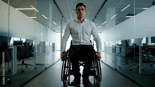 Man in a wheelchair rolls down a modern office hallway, towards camera