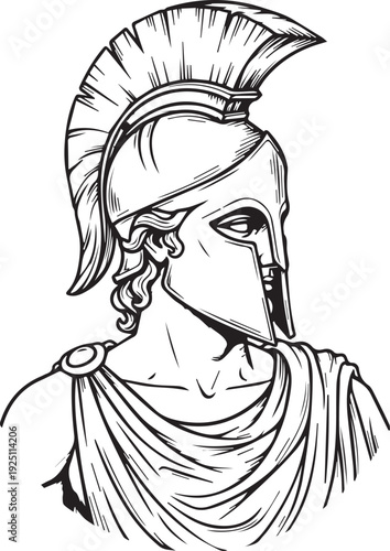 Ancient Greek God Hermes Profile. Classical mythological male warrior bust with crested helmet isolated. Historic Roman antiquity line art drawing for elegant architectural and classic art design