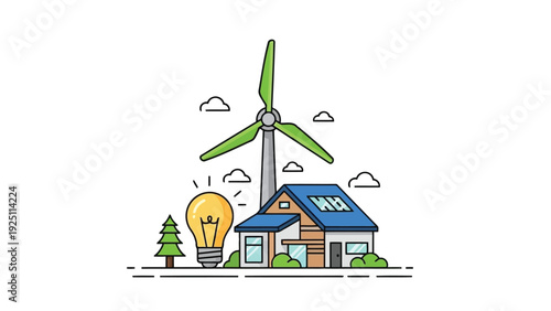 Illustration of a sustainable home powered by renewable energy sources