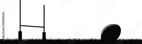 Rugby goal posts and ball silhouette on grass field, sports equipment illustration isolated on white background, rugby match concept