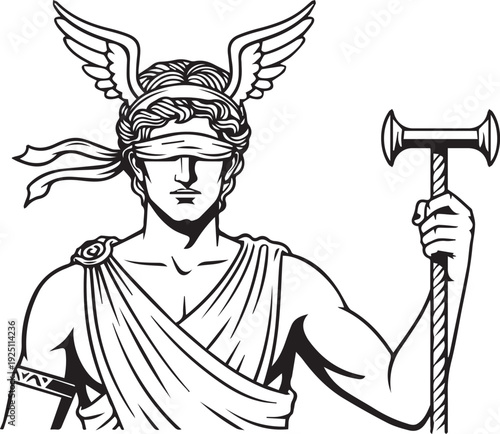 Blindfolded God Hermes With Hammer. Ancient classical Greek mythological deity with winged helmet isolated. Historic Roman Mercury antiquity line art drawing for dramatic classic mythology design