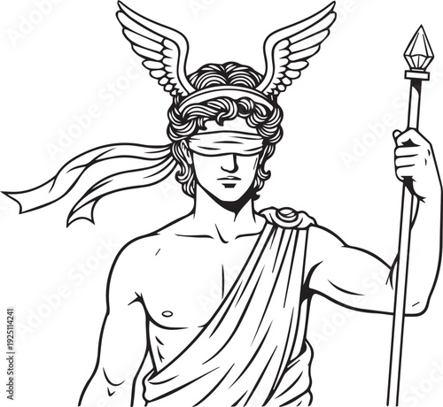 Blindfolded God Hermes With Spear. Ancient classical Greek mythological deity with winged helmet isolated. Historic Roman Mercury antiquity line art drawing for dramatic classic mythology design