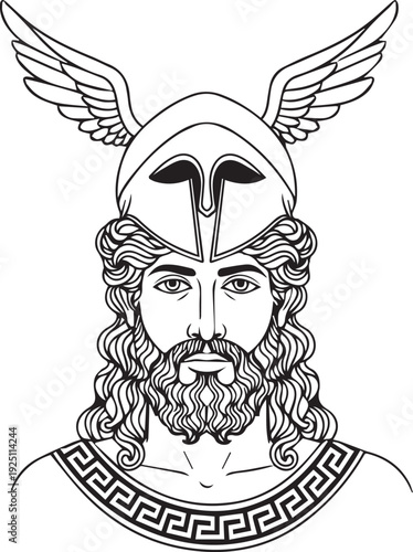 Bearded Greek God Hermes Bust. Ancient classical mythological deity with winged helmet isolated. Historic Roman Mercury antiquity line art drawing for classic art and museum artifact design