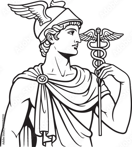 God Hermes With Caduceus. Ancient classical Greek messenger deity holding traditional winged staff isolated. Historic Roman Mercury antiquity line art drawing for classic mythology art design
