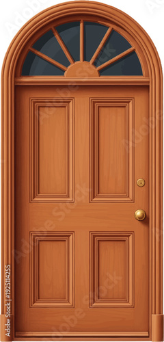 Elegant arched wooden front door with four panels and a fanlight window.