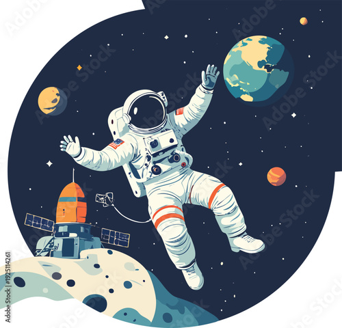 Astronaut floating in zero gravity next to a space station